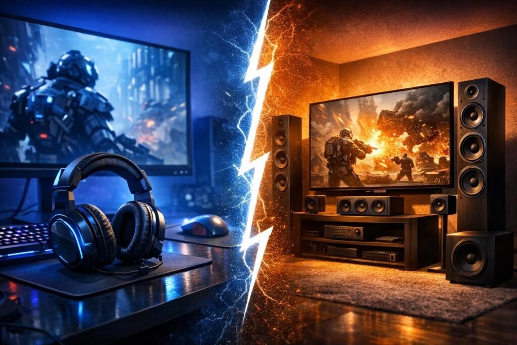 Игровые наушники на столе и домашний кинотеатр в комнате