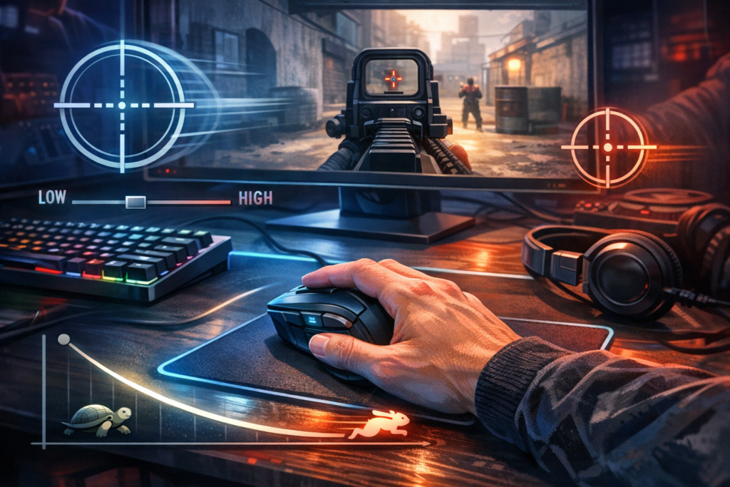 Рука держит мышь у монитора с шутером