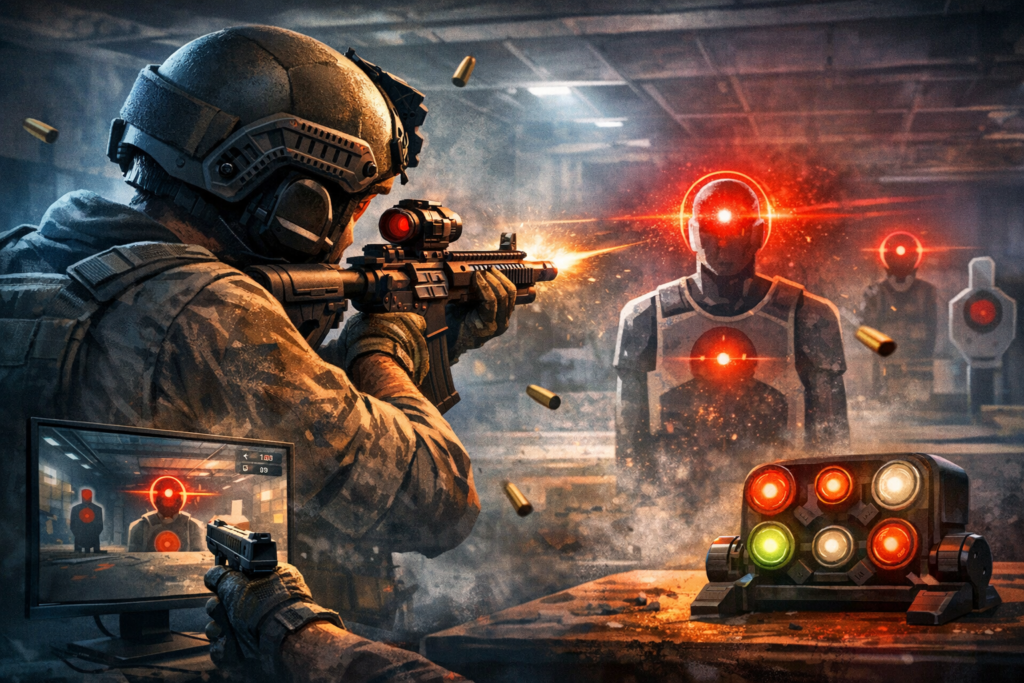 Солдат стреляет по мишеням в тире с лазерами