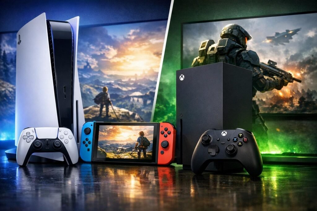 Консоли PlayStation 5, Xbox Series X и Nintendo Switch на столе