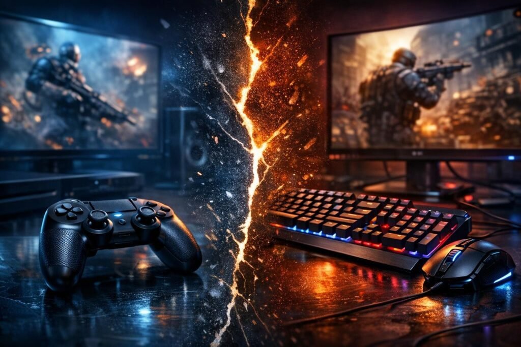 Геймпад и клавиатура с мышью на столе