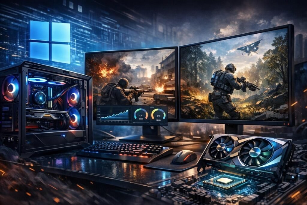 Игровой ПК с двумя мониторами на столе