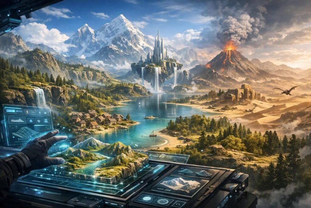 Рука управляет голограммой карты над фантастическим ландшафтом