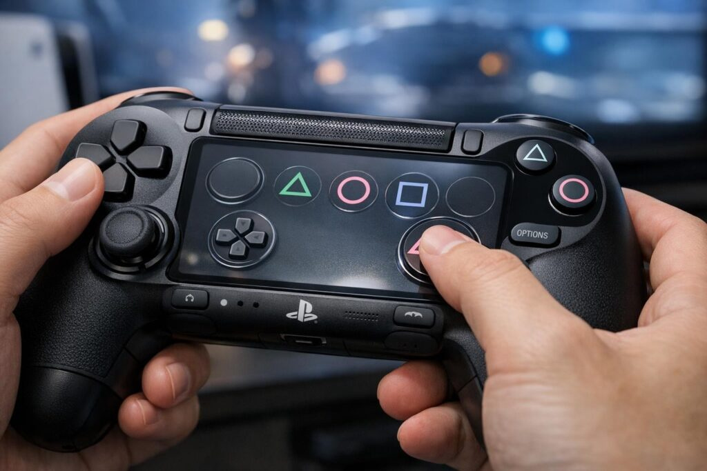 Руки держат геймпад PlayStation DualShock 4 перед экраном