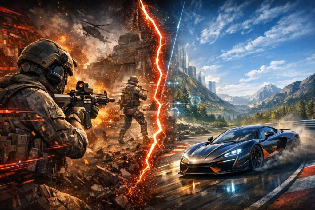 Солдат целится из винтовки, спорткар мчится по трассе