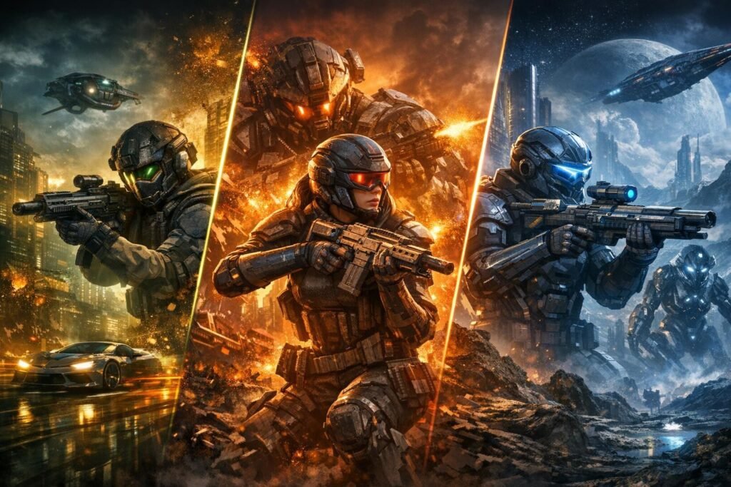 Бойцы в броне целятся из винтовок на поле боя