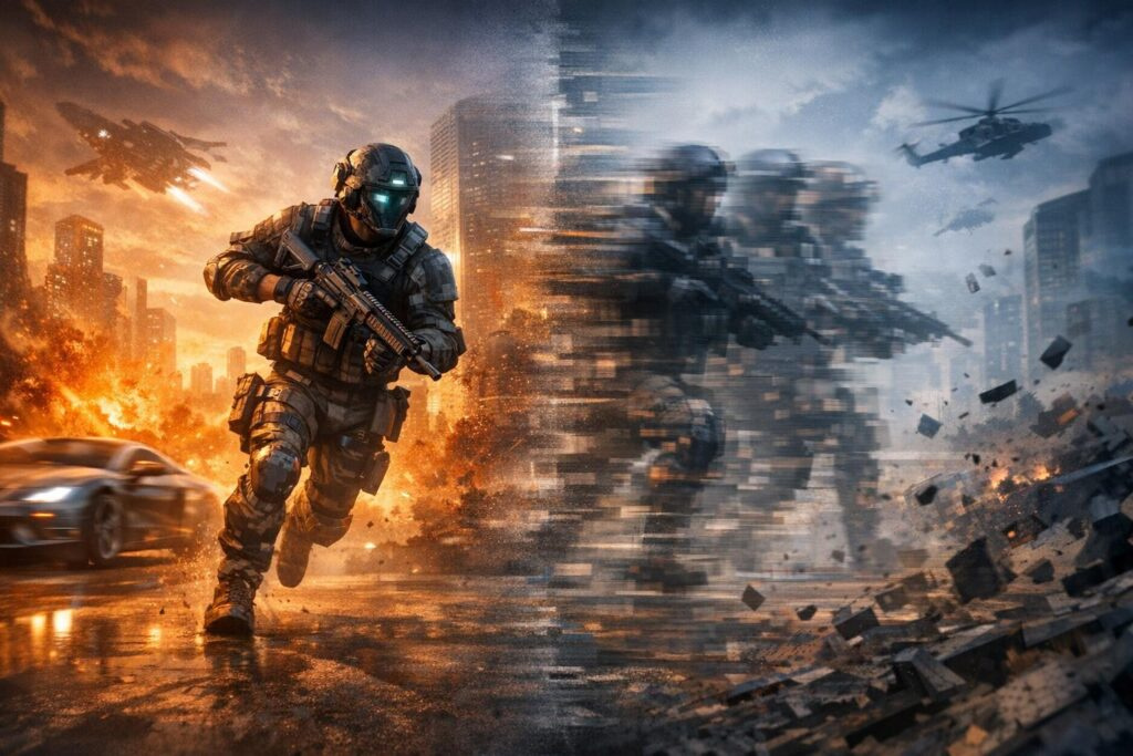 Солдат бежит с винтовкой по разрушенному городу