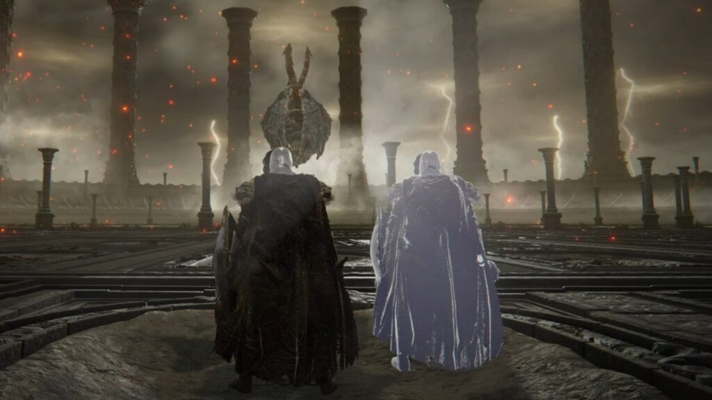 Два рыцаря стоят перед боссом на арене