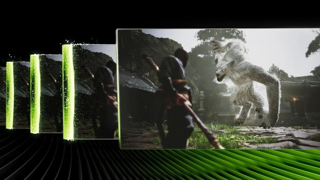 Белый оборотень прыгает на воина во дворе храма