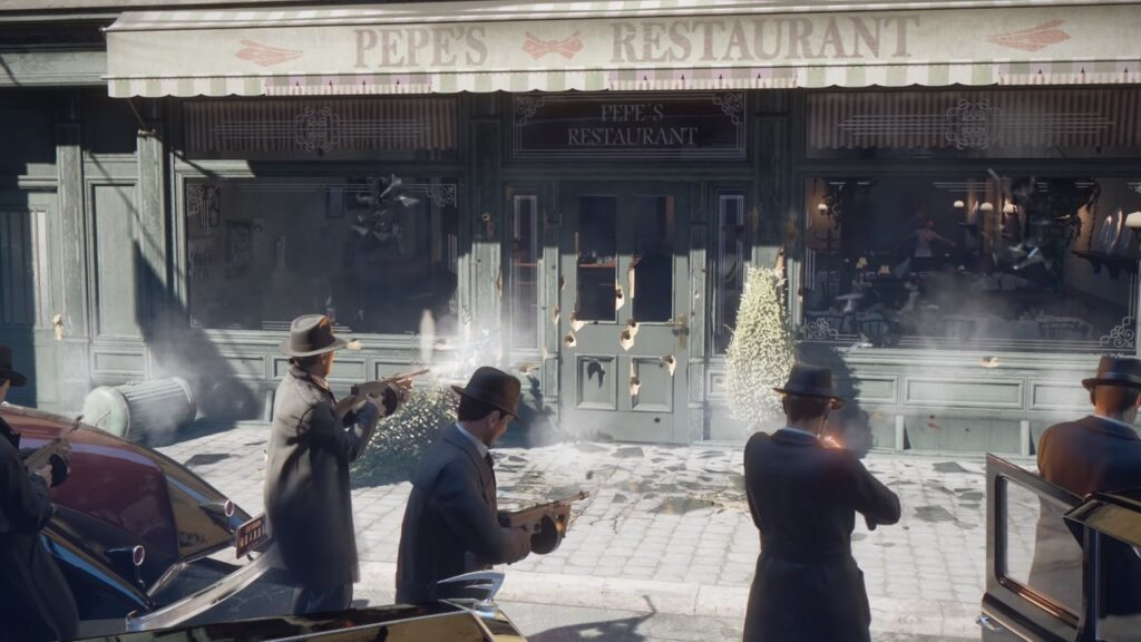 Гангстеры стреляют у ресторана Pepe's Restaurant на улице