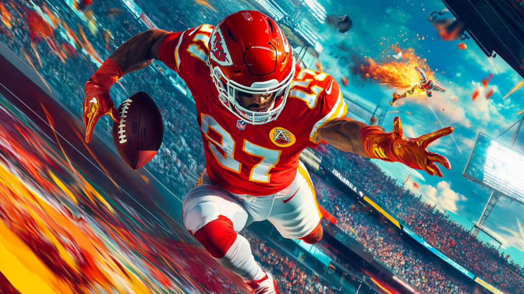 Игрок Kansas City Chiefs бежит с мячом на стадионе