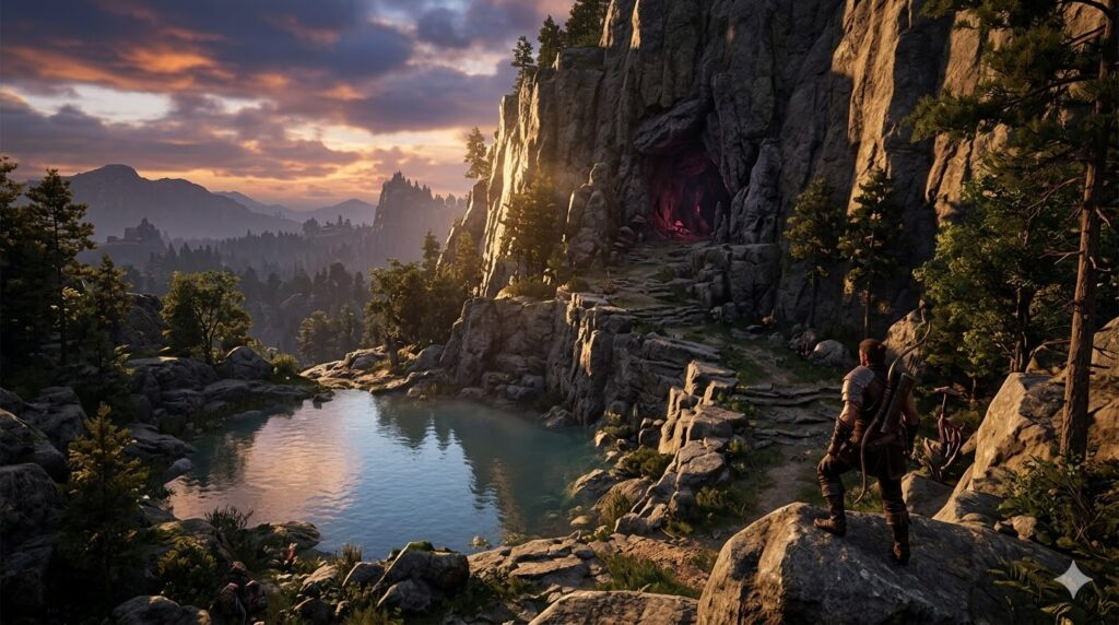 Геральт из The Witcher стоит у горного озера