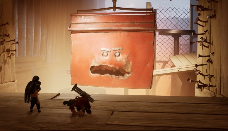 Мэй и Коди смотрят на красный ящик в сарае