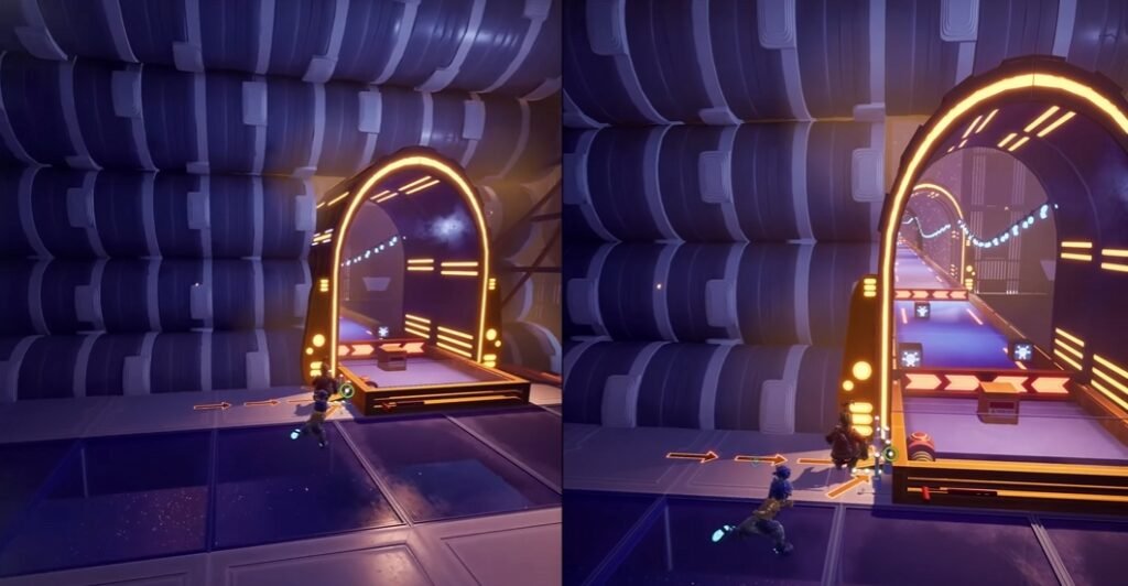 Персонажи It Takes Two бегут к светящемуся порталу в туннеле