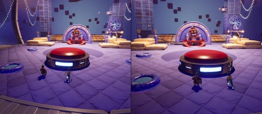 Два персонажа стоят у красной кнопки в комнате