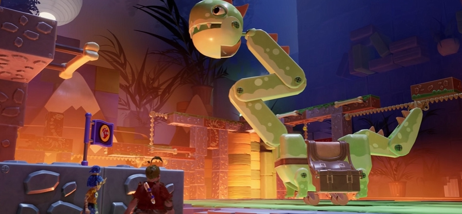 Зелёный механический динозавр шагает по игрушечной арене