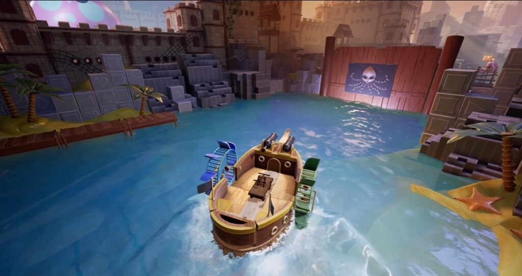 Лодка плывёт по воде у каменных руин