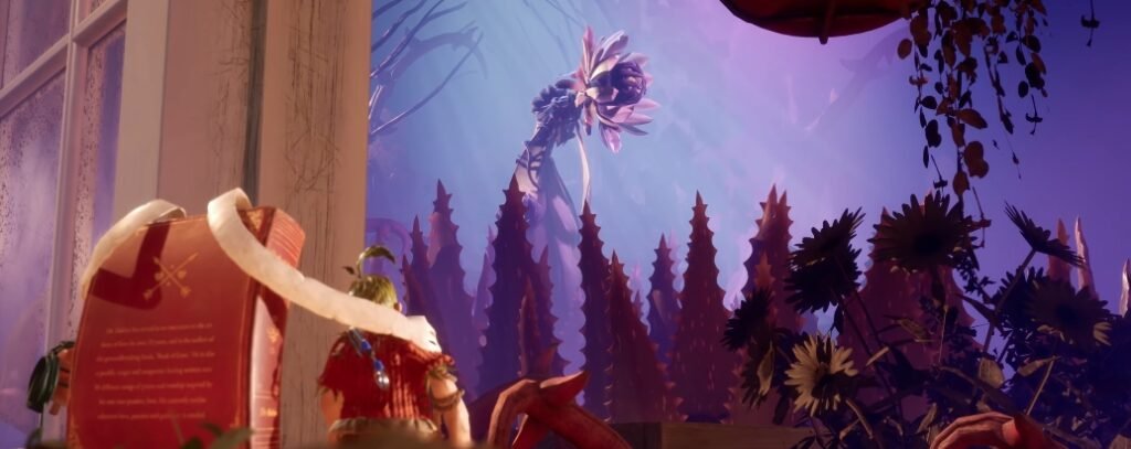 Красная книга на подоконнике, фиолетовый лес за окном