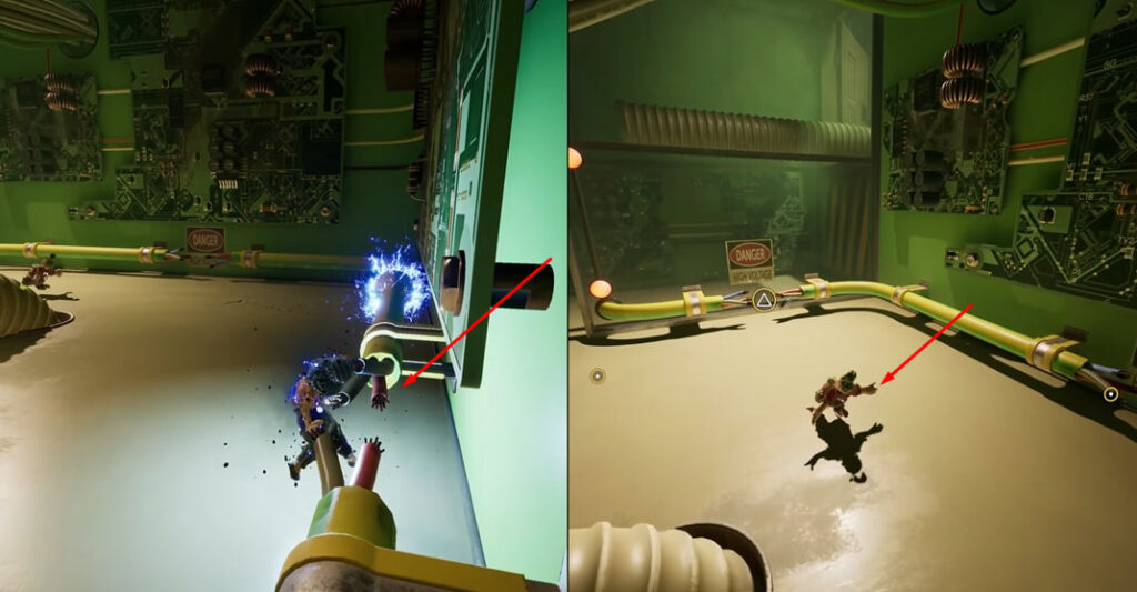 Персонажи It Takes Two прыгают в зелёной комнате электроники