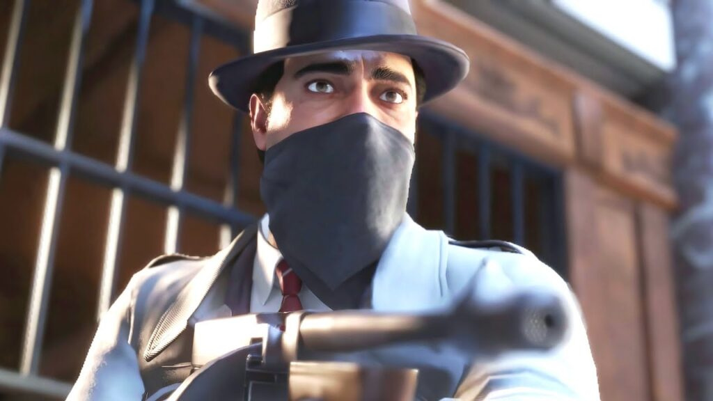 Шпион из Team Fortress 2 целится с пистолетом на улице