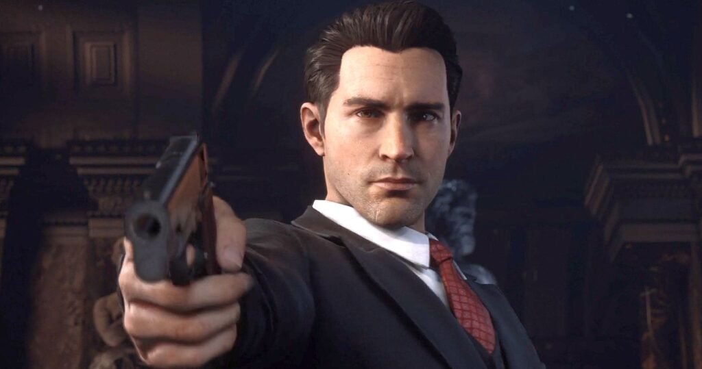 Вито Скалетта из Mafia II целится пистолетом в комнате