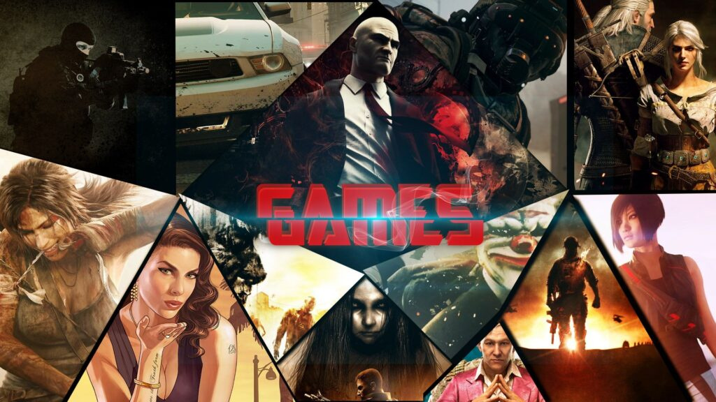 Коллаж персонажей видеоигр с надписью GAMES на фоне