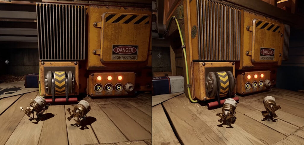 Два робота стоят перед желтым генератором в помещении