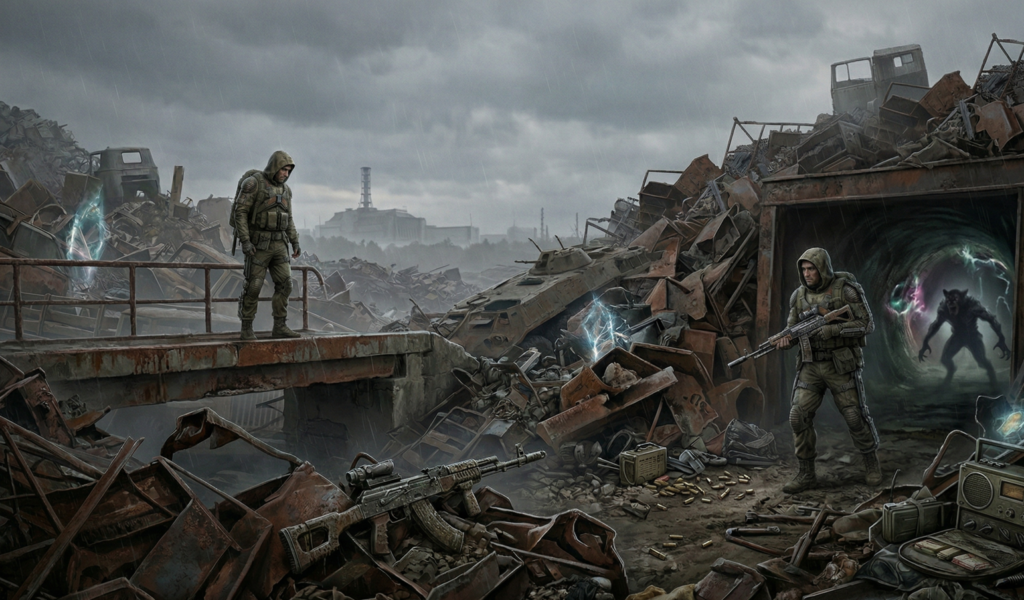 Сталкеры с оружием у портала на свалке