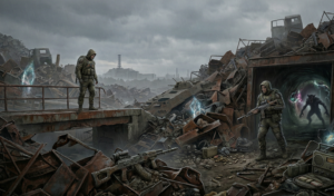 Сталкеры с оружием у портала на свалке