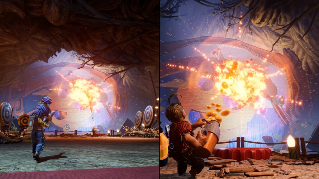 It Takes Two split-screen co-op boss fight with explosions as Cody and May attack a giant toy